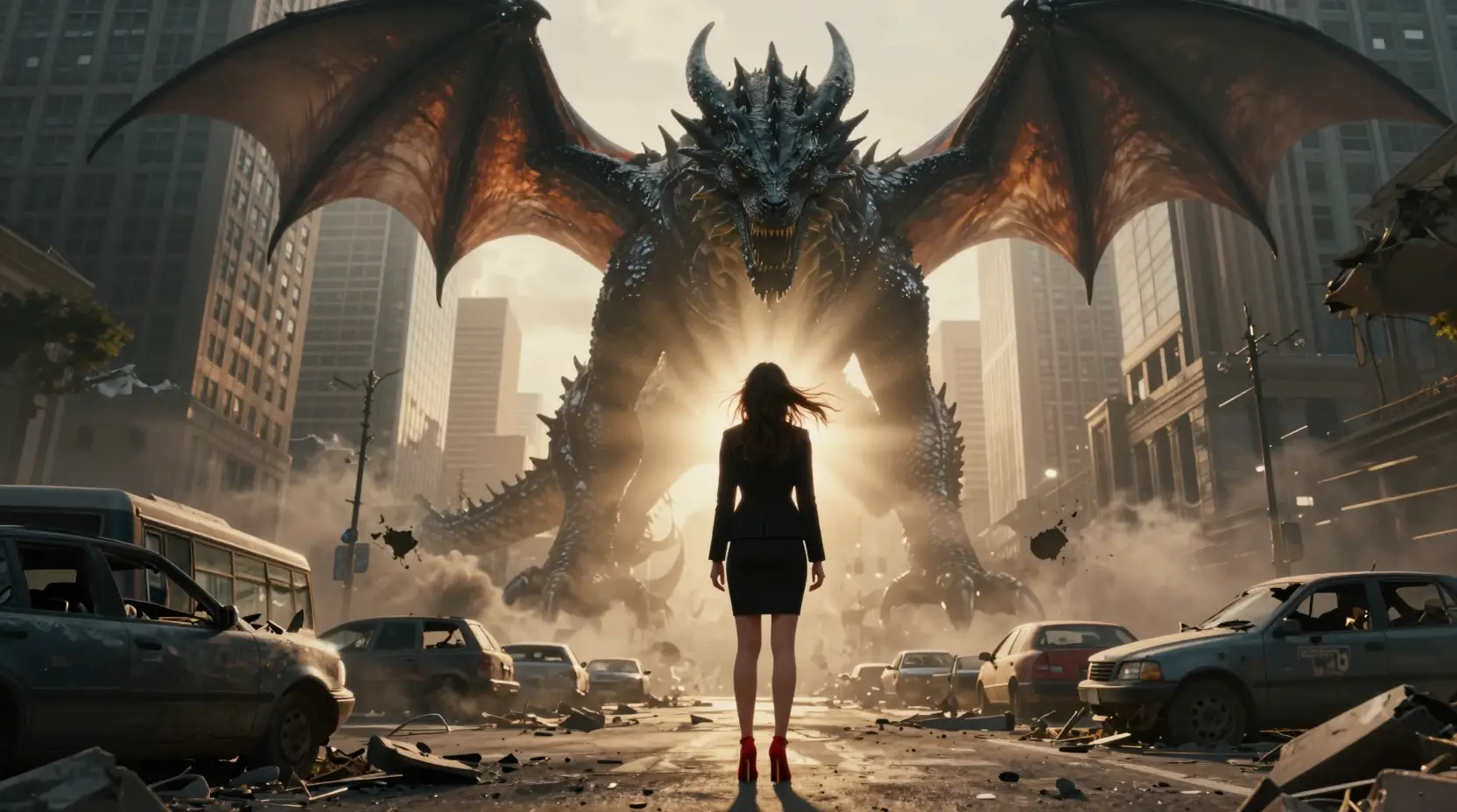 Woman in heels facing colossal dragon on ruined city street