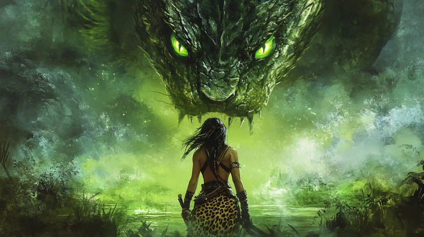 Barbarian woman facing giant serpent over a lush swamp