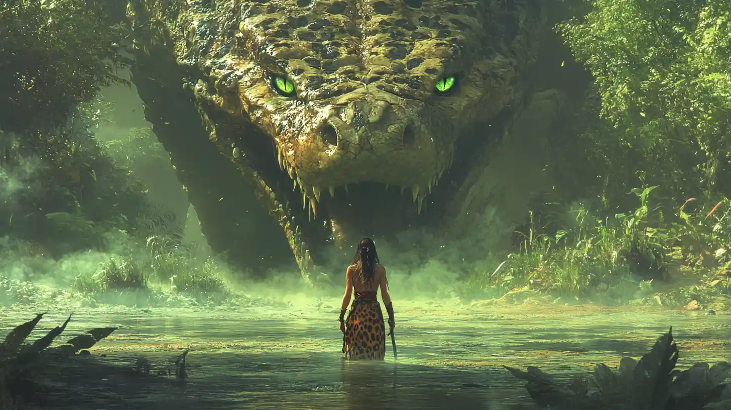 Barbarian woman facing a colossal serpent in a swamp