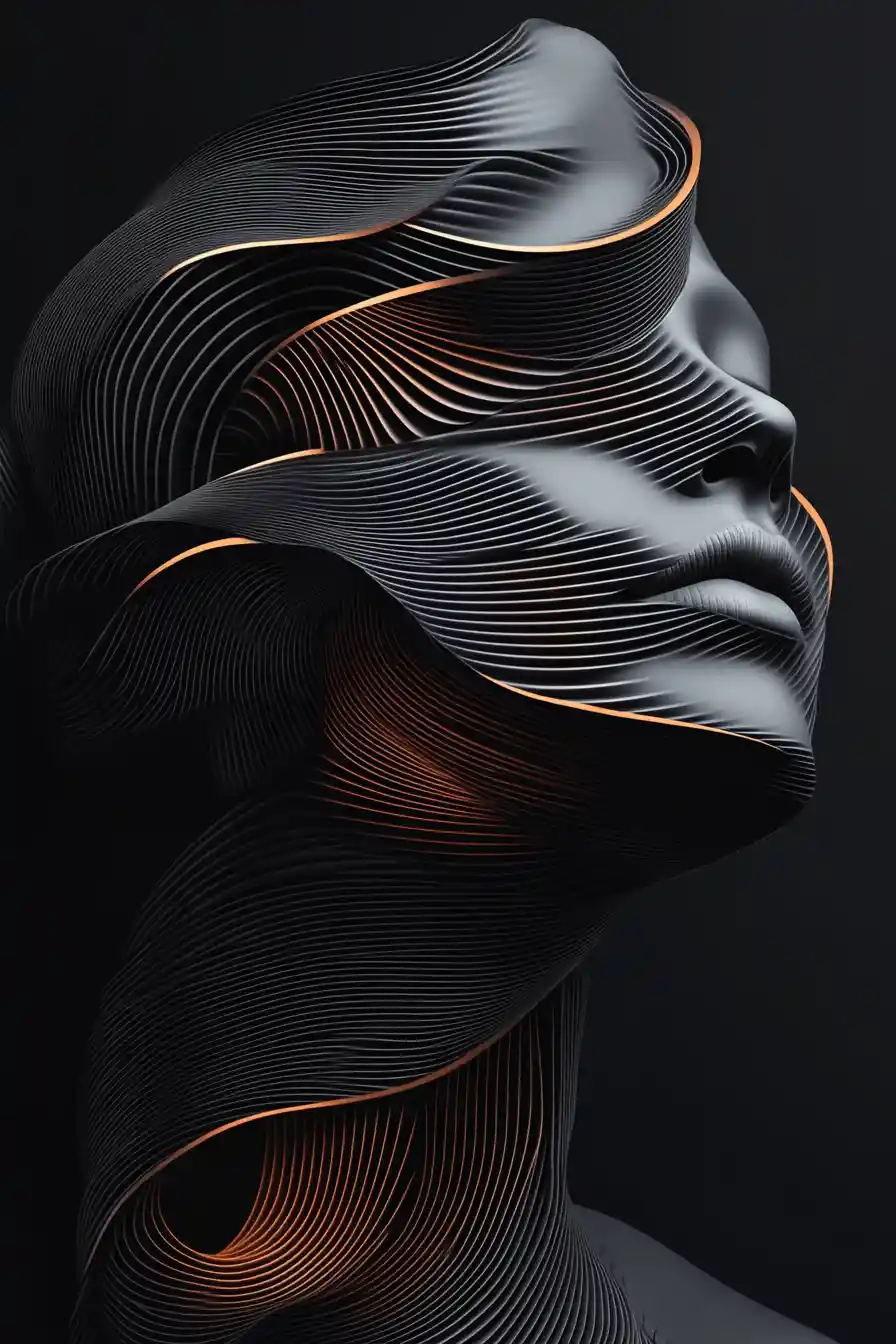 Layered ribbon woman portrait in sculpted graphic style