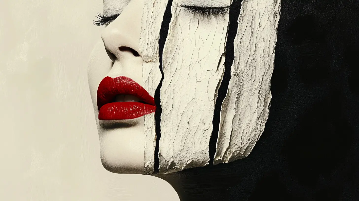 Fragmented female face with bold red lips in abstract collage