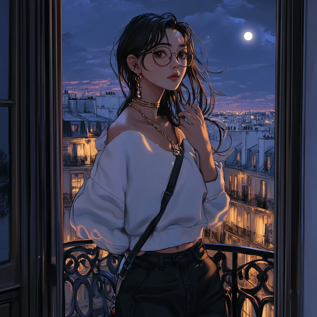 Young woman smoking on a parisian balcony at night