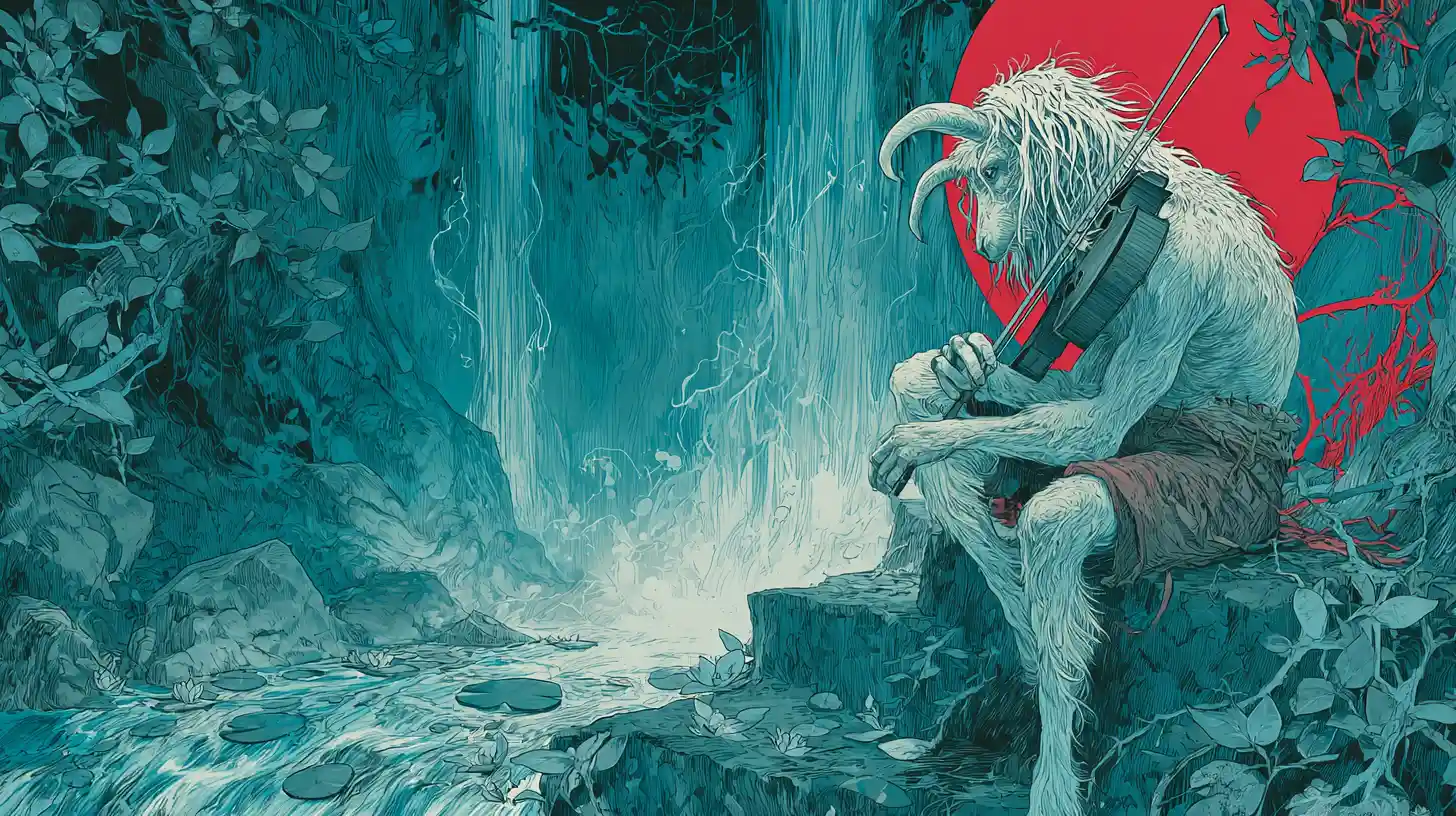 Androgynous satyr playing violin beneath a dark waterfall