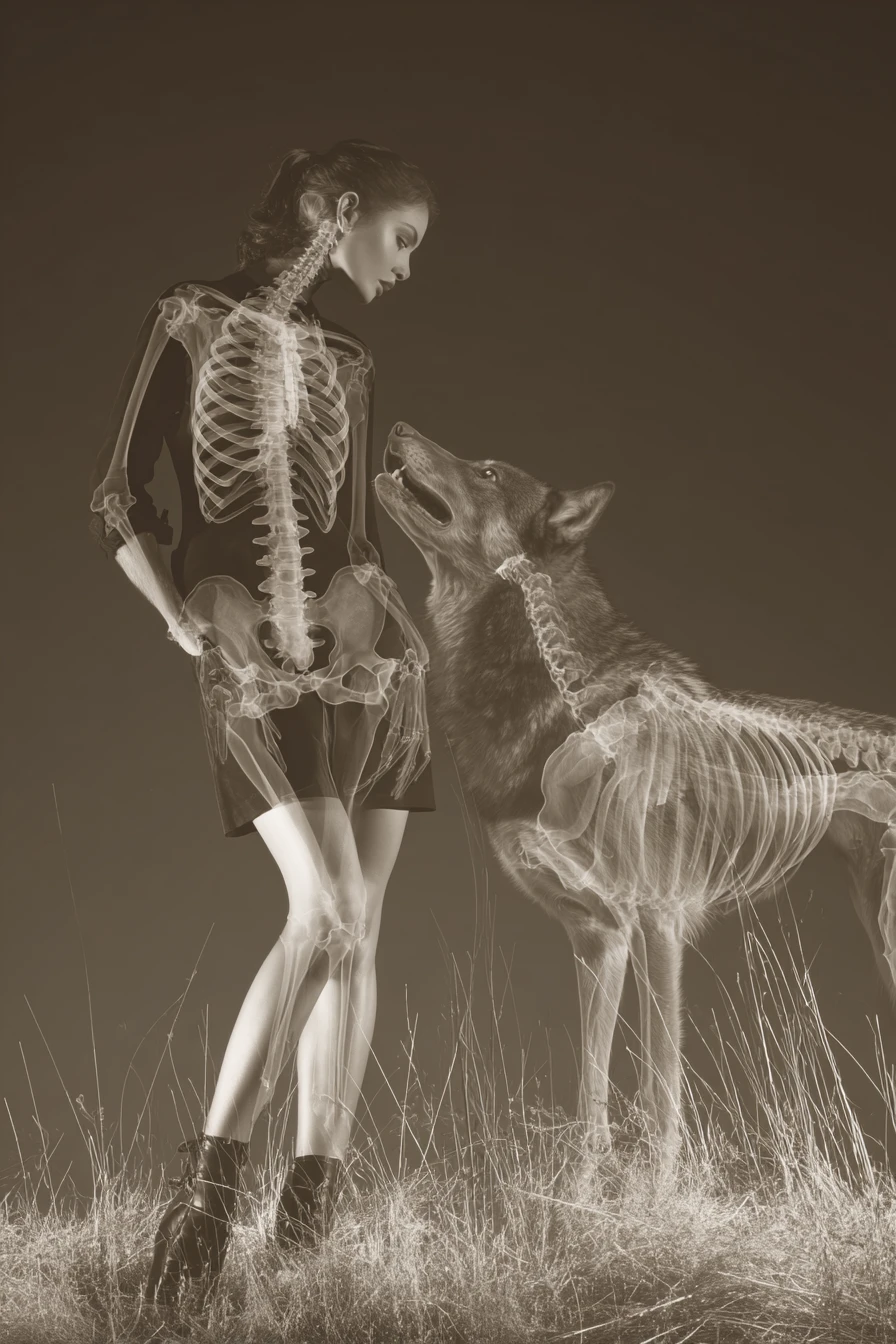 X ray view of woman and wolf playing in meadow