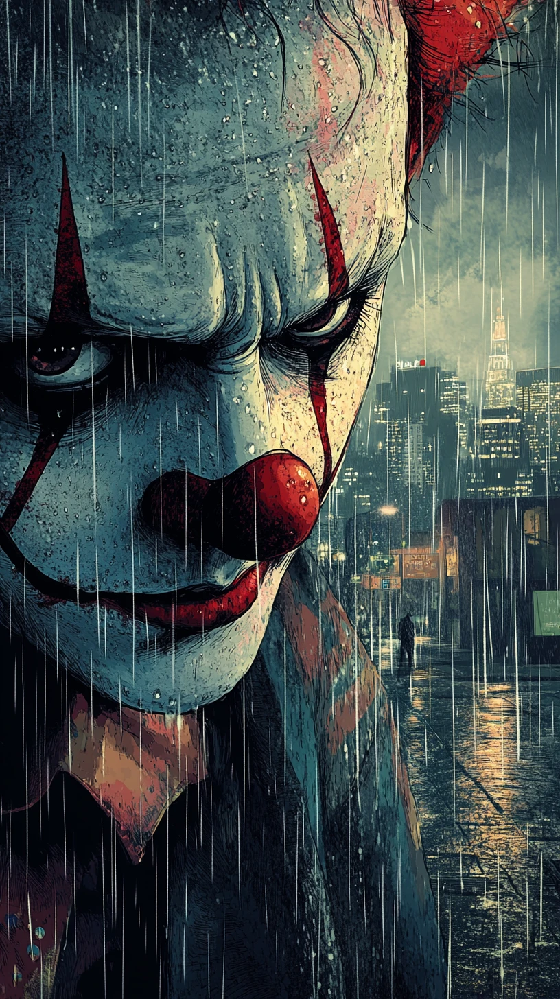 Sad clown standing alone on a rainy city street at night