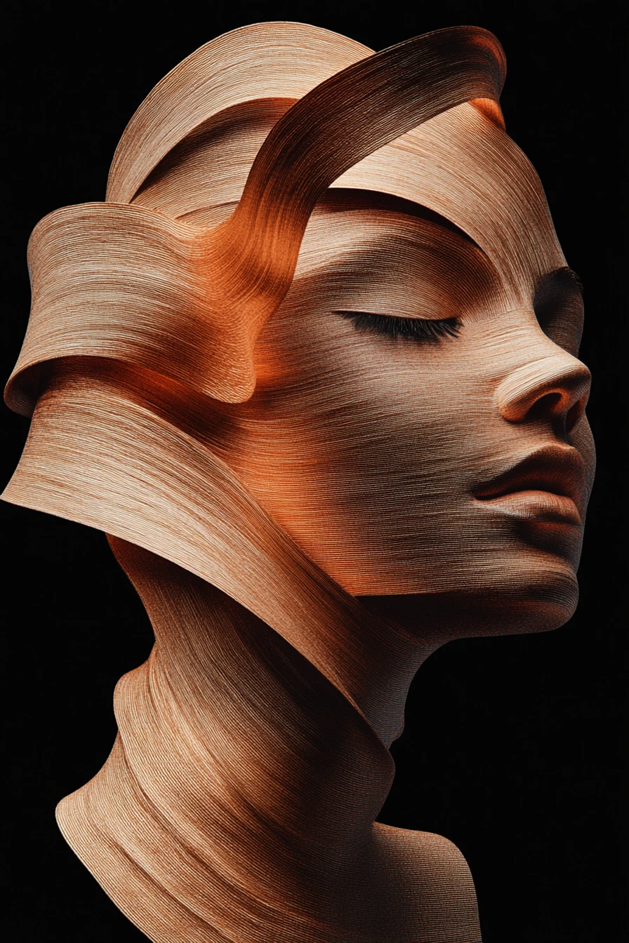 Woman formed from layered sculpted ribbons on black background