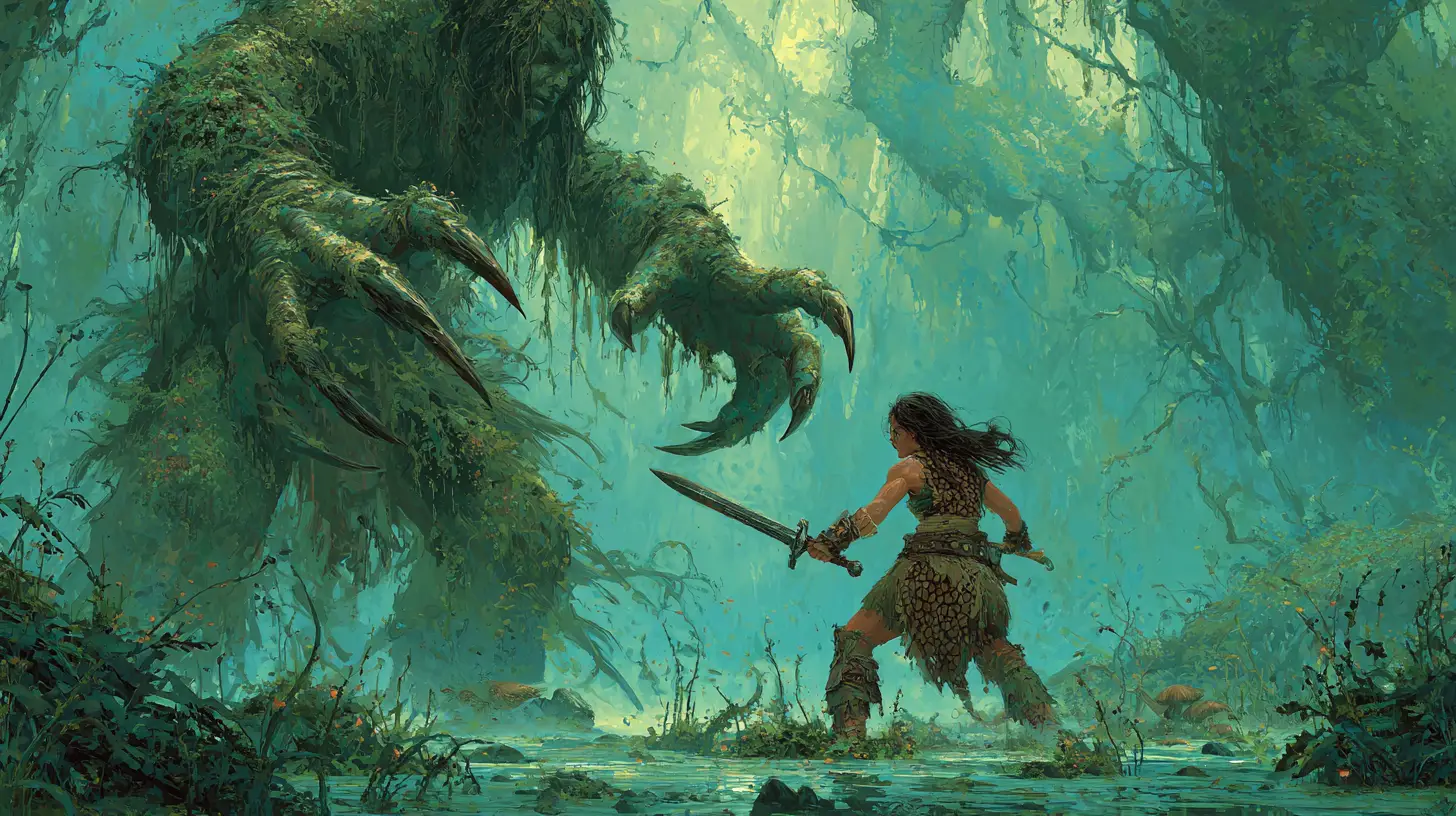 Barbarian woman facing a monstrous claw above a swamp