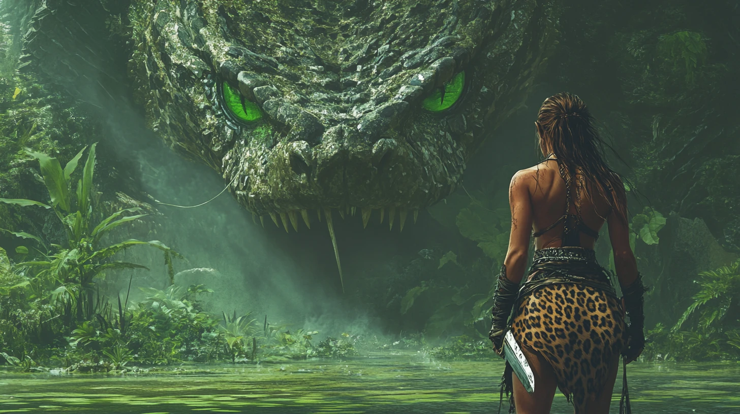 Guerriera barbara di fronte a un serpente gigante in una palude
