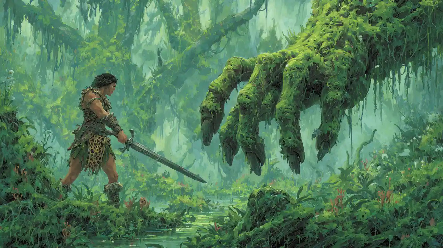 Barbarian woman facing a monstrous claw emerging from swamp