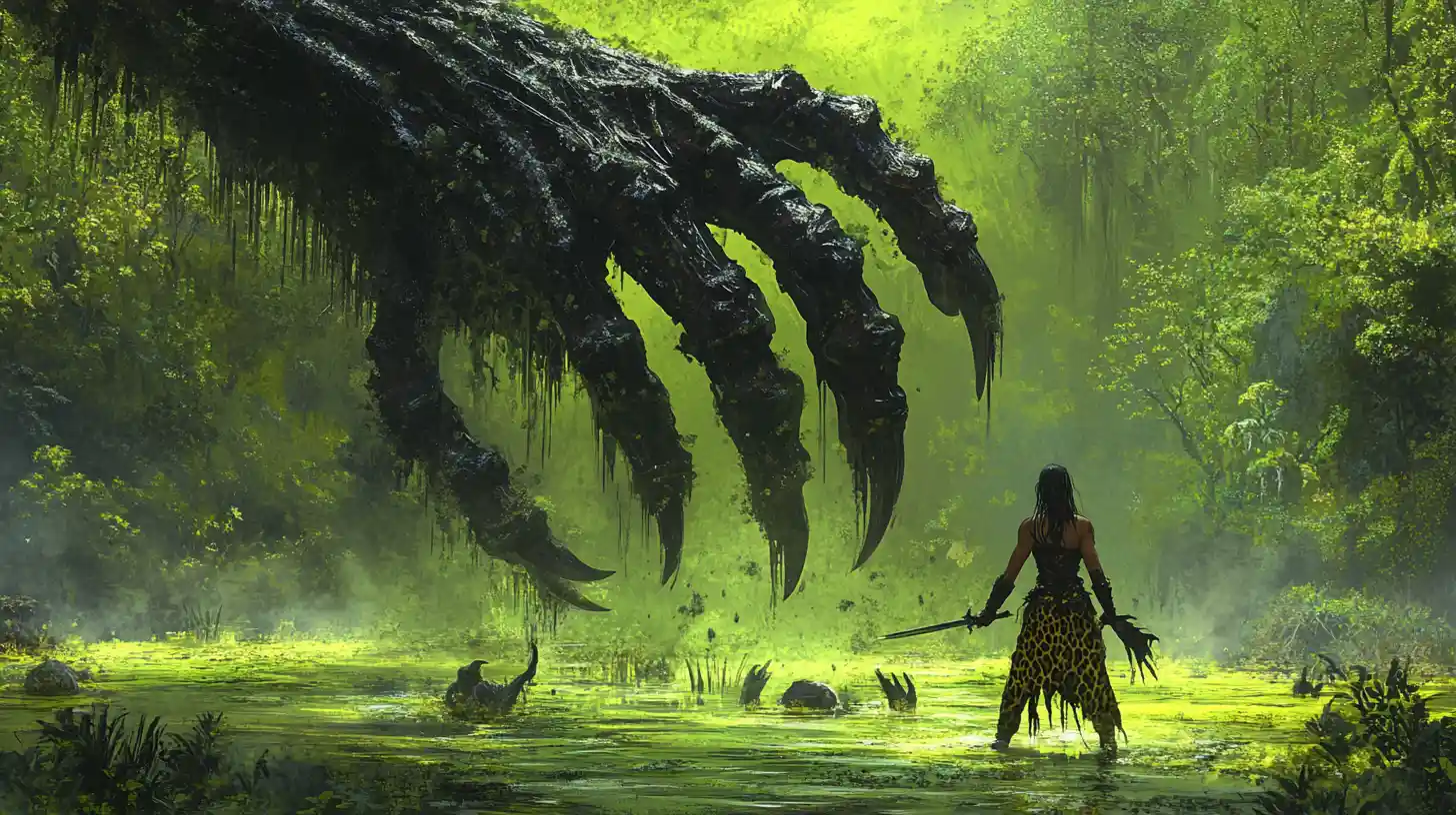 Barbarian woman facing a monstrous claw over a swamp