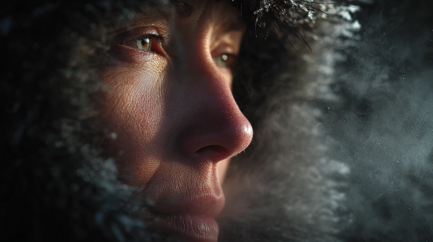 Mujer exhalando vapor visible en aire helado a contraluz