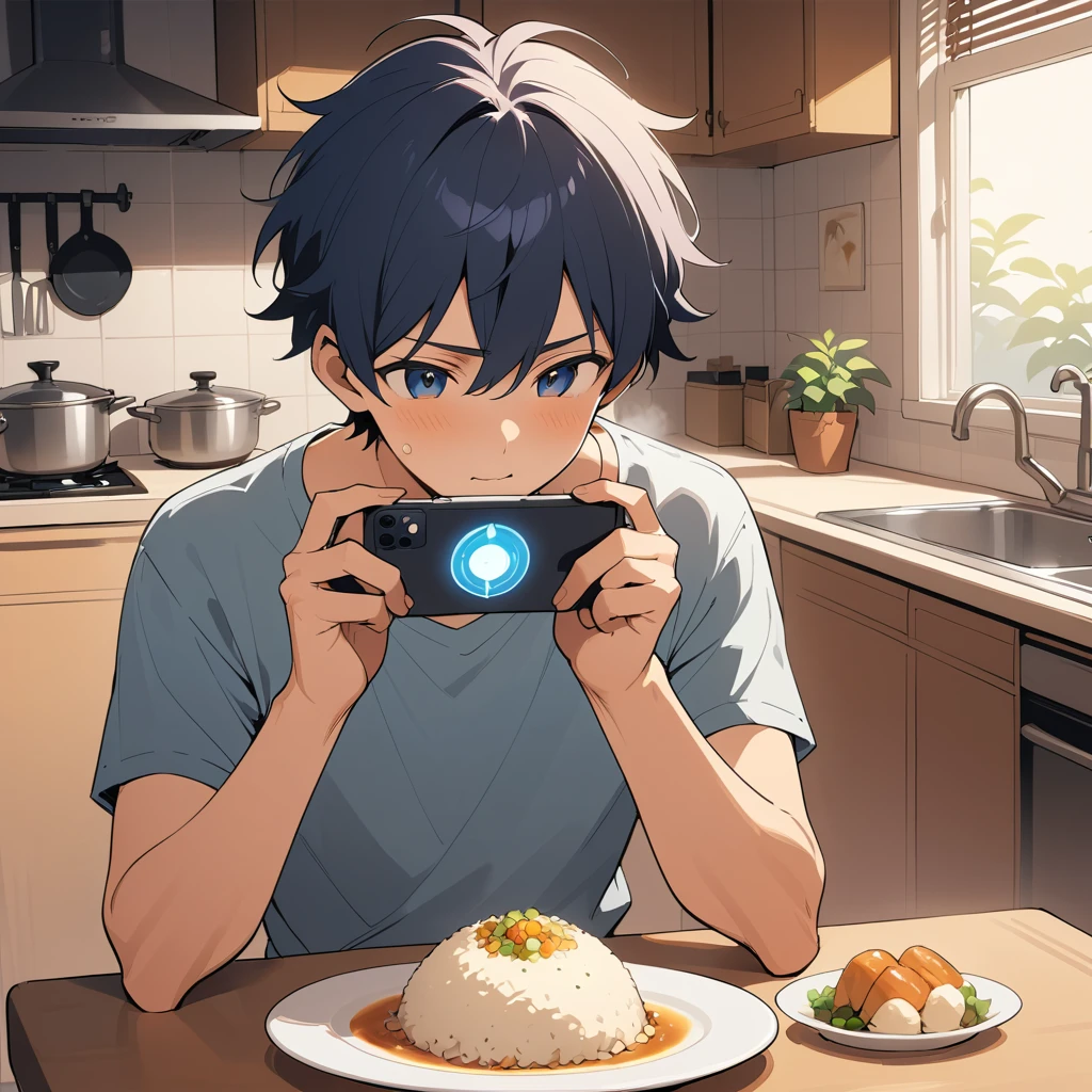 Young man proudly photographing his first plate of fried rice