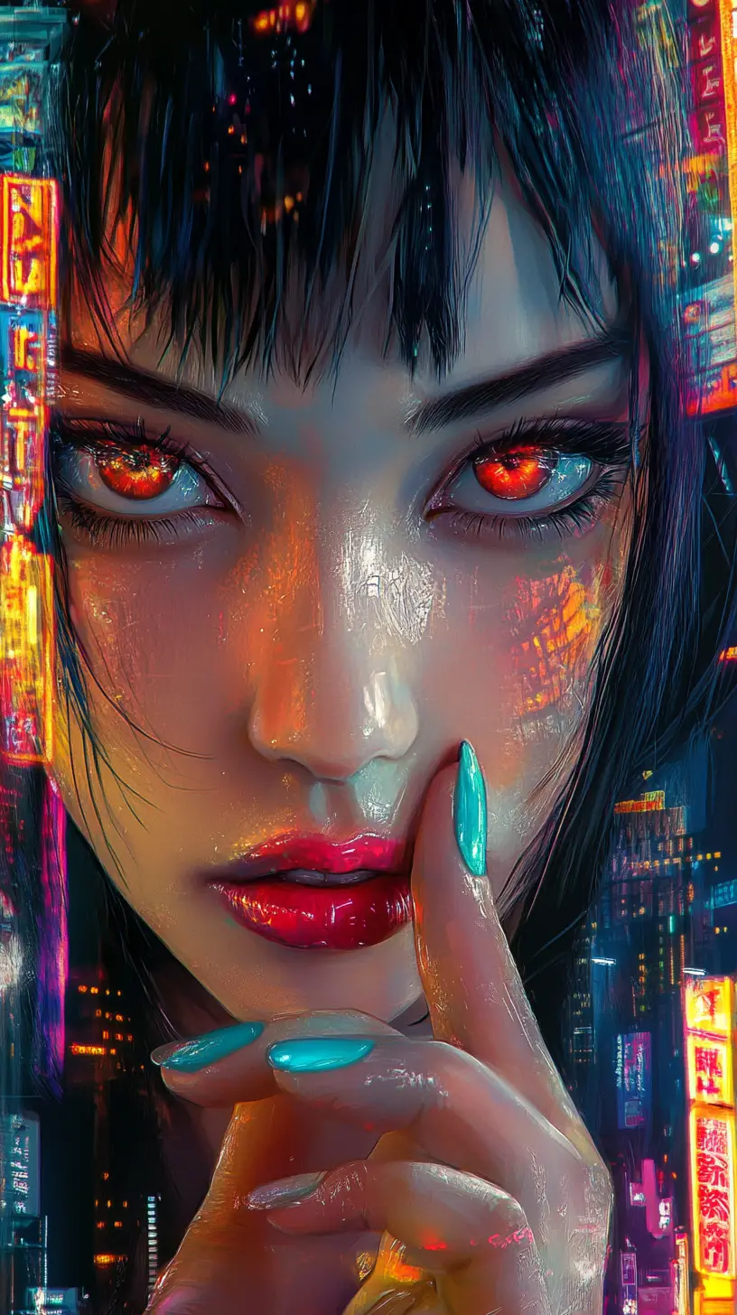 Anime woman portrait with neon cyberpunk city lights