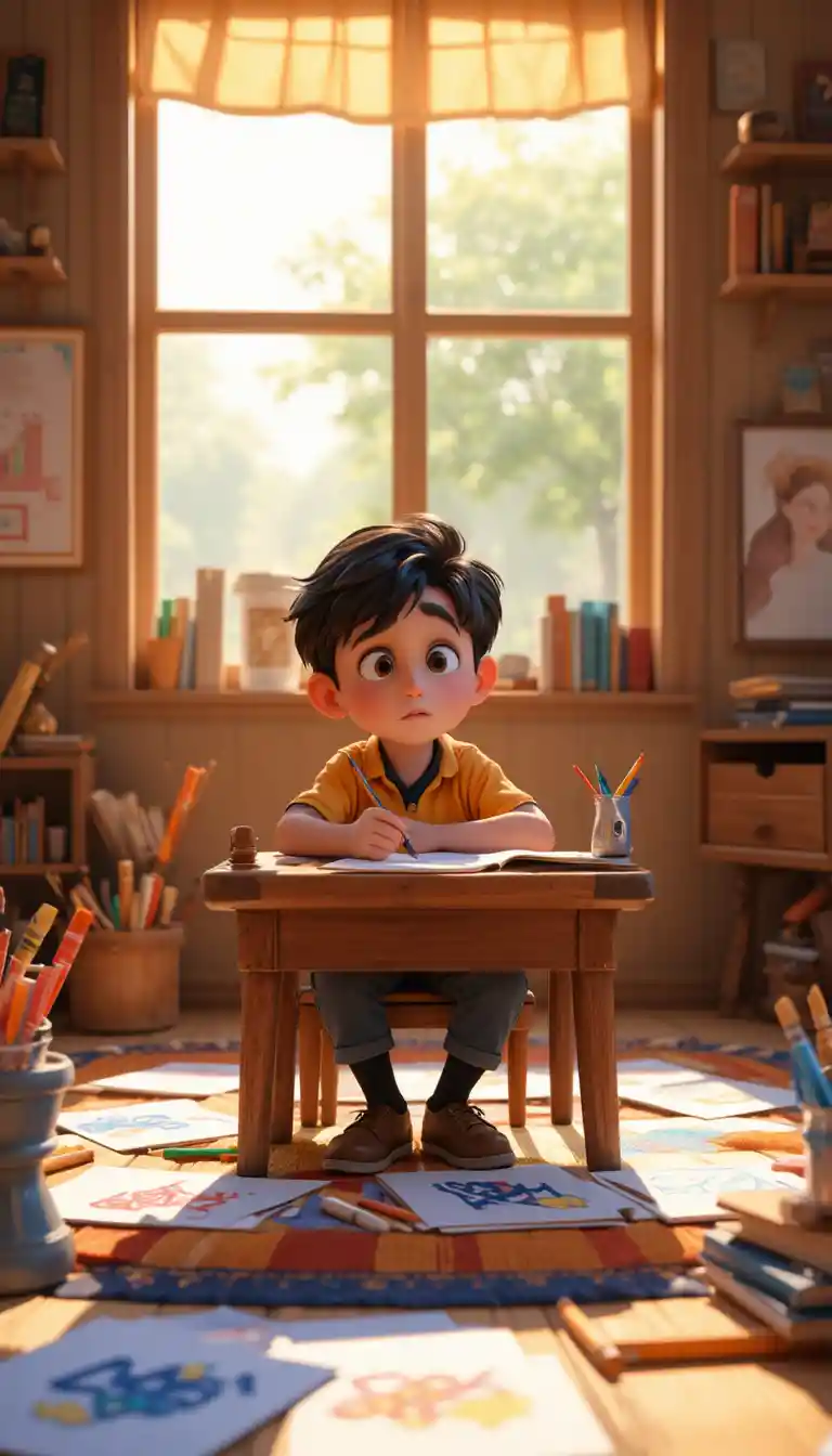 Young boy at desk thinking over his drawing