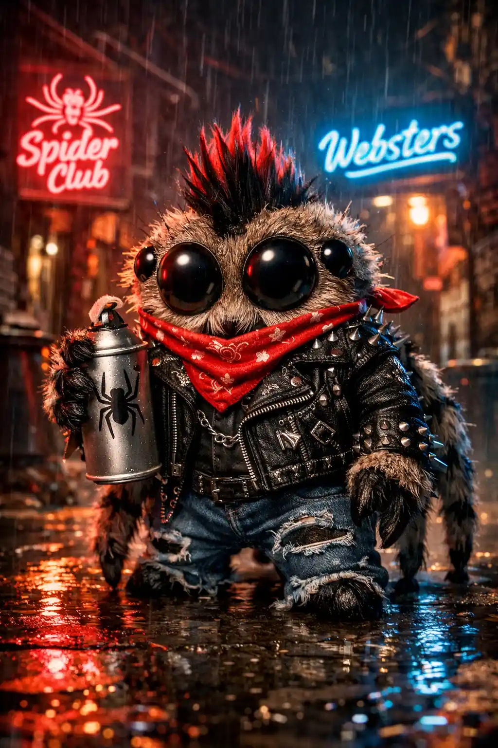 Punk spider with spray can in neon lit city alley