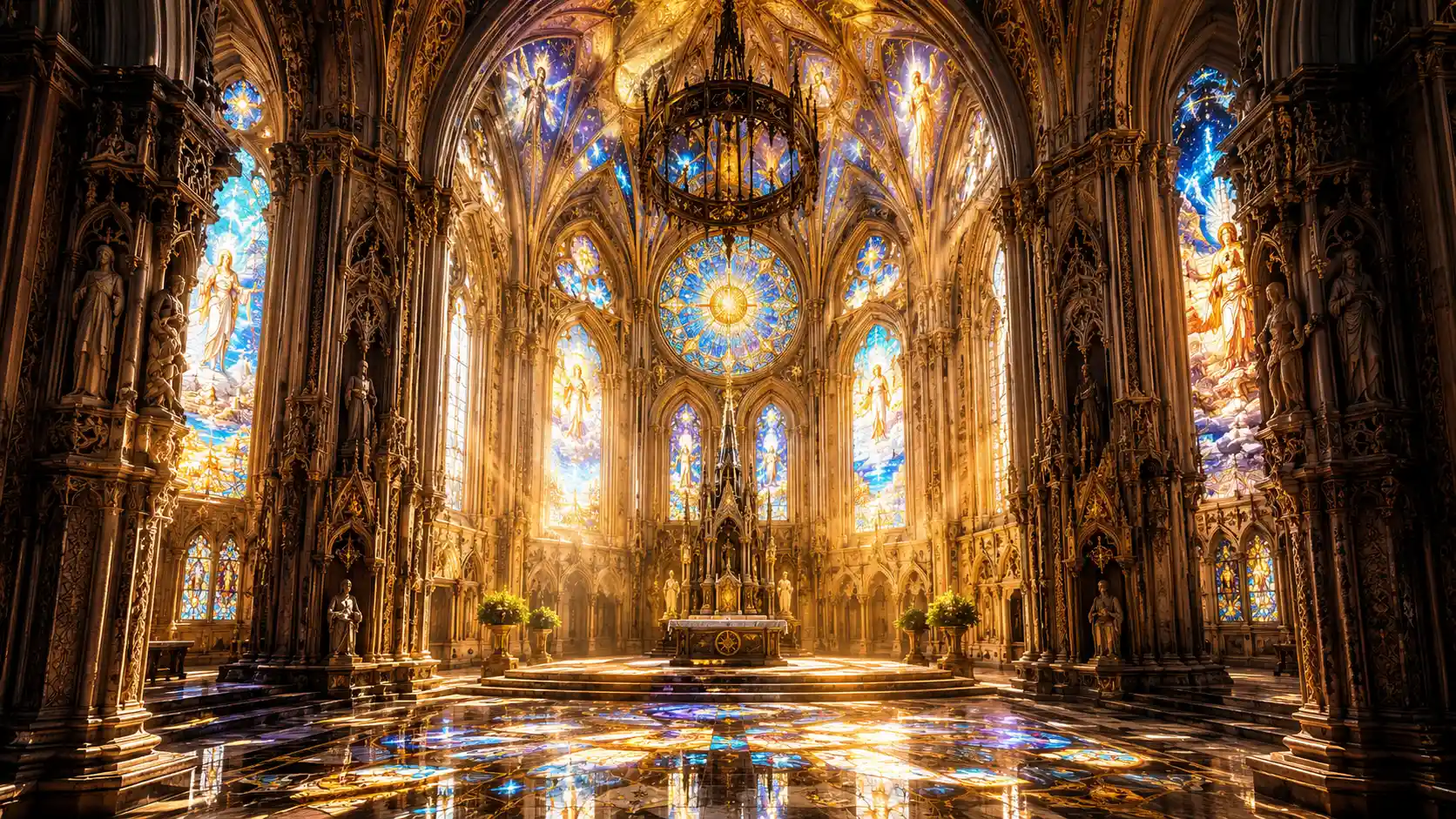 Sunlit gothic cathedral interior with stained glass