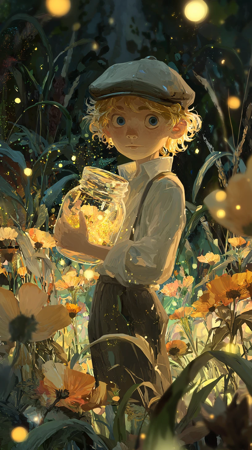 光る花畑でホタルと遊ぶ少年