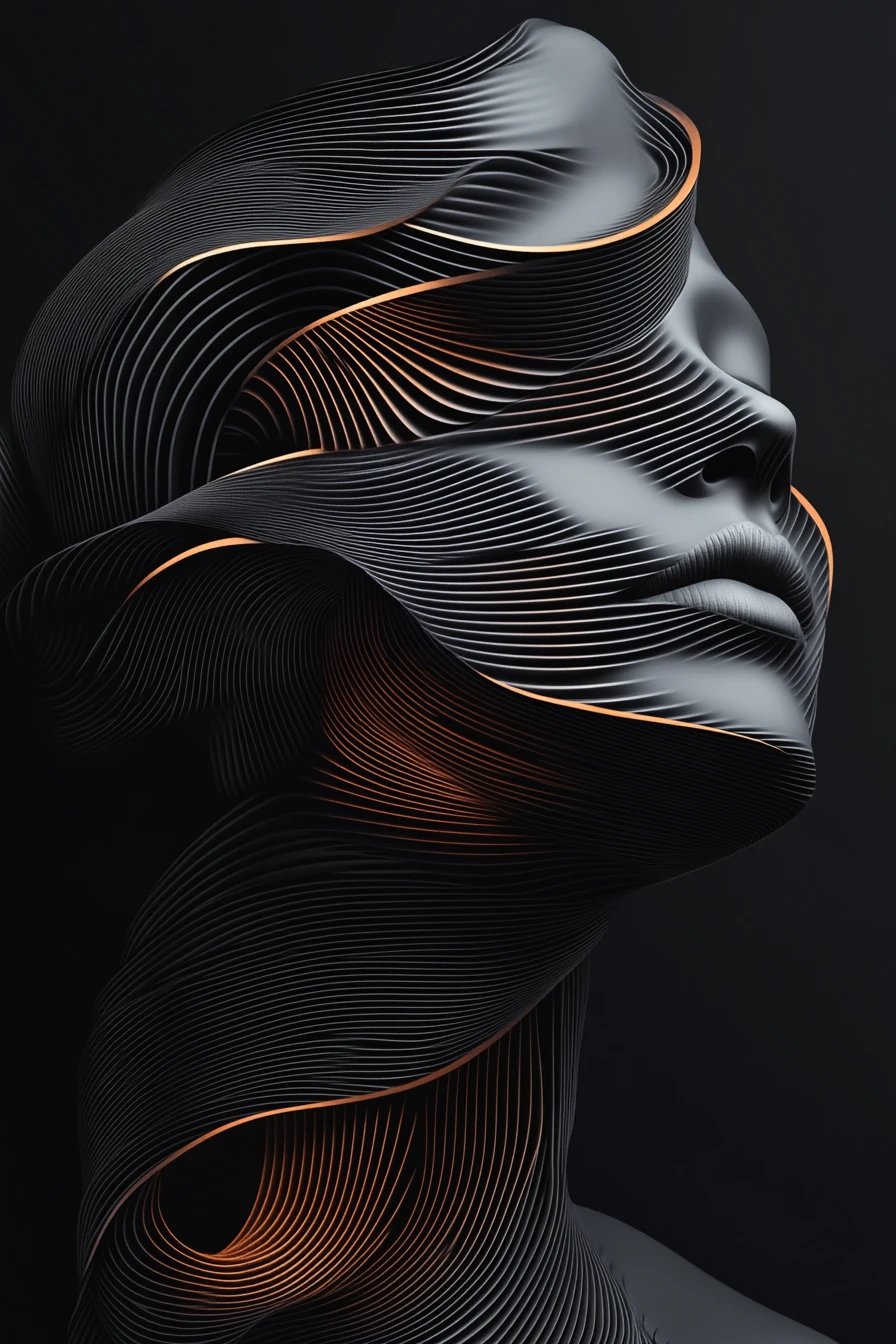 Layered ribbon woman portrait in sculpted graphic style