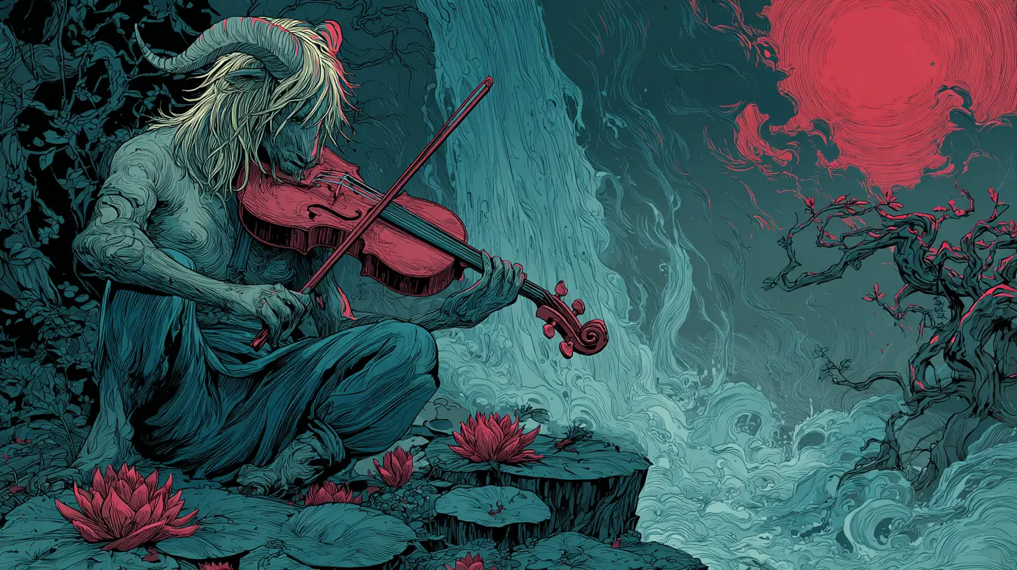 Androgynous satyr playing violin beneath a stormy waterfall