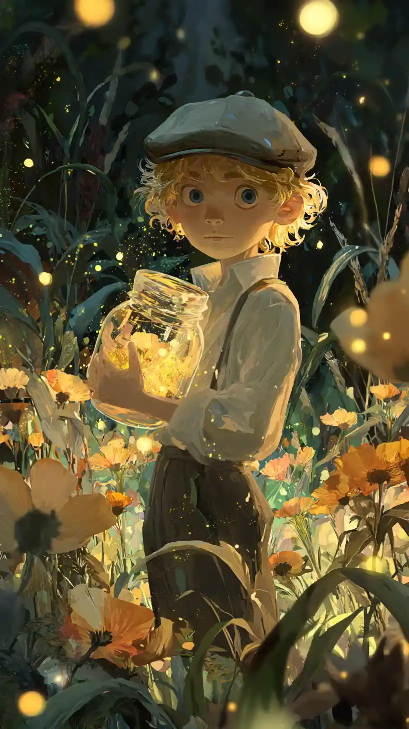 Young boy with fireflies in a glowing flower field