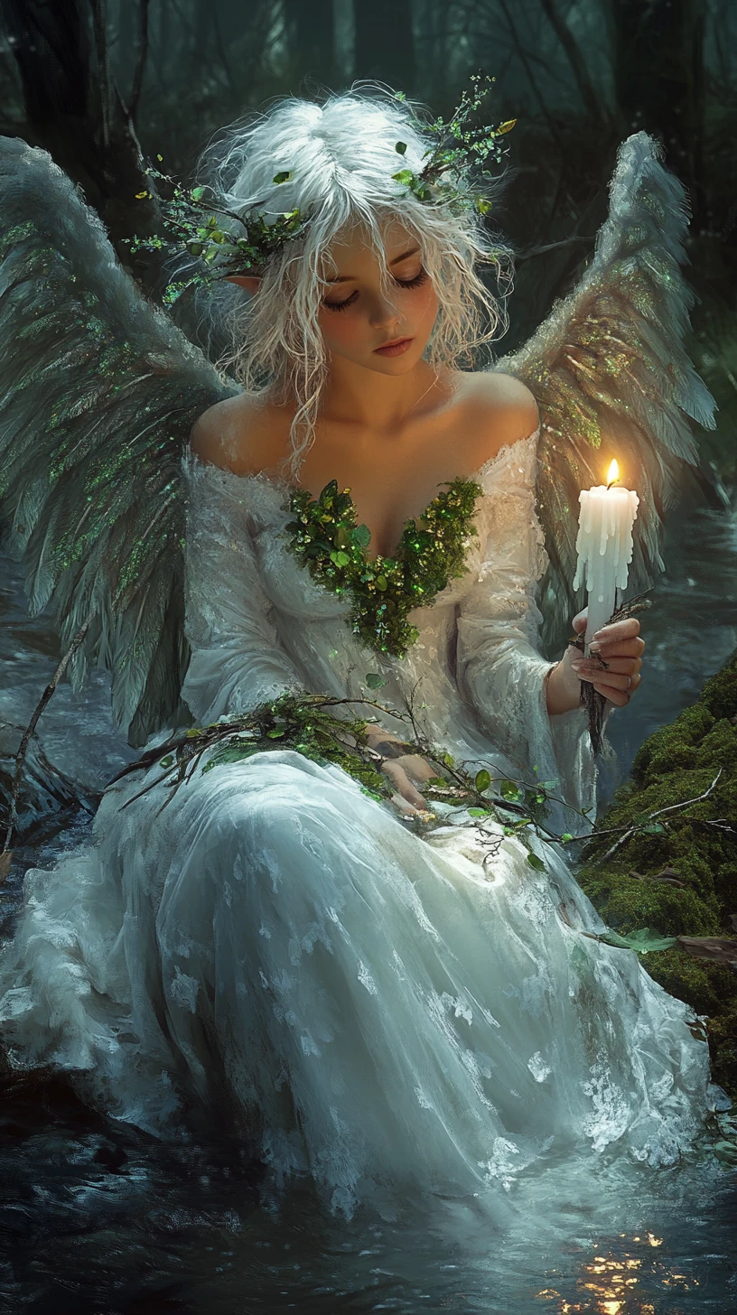 Mujer ángel con vela en un bosque encantado