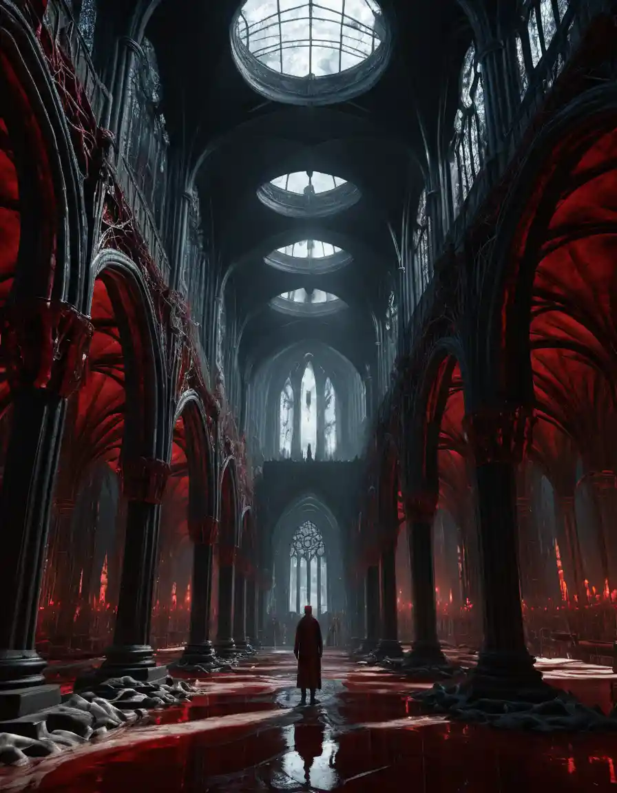 Gigantic organic cathedral of fused human and biomechanical forms