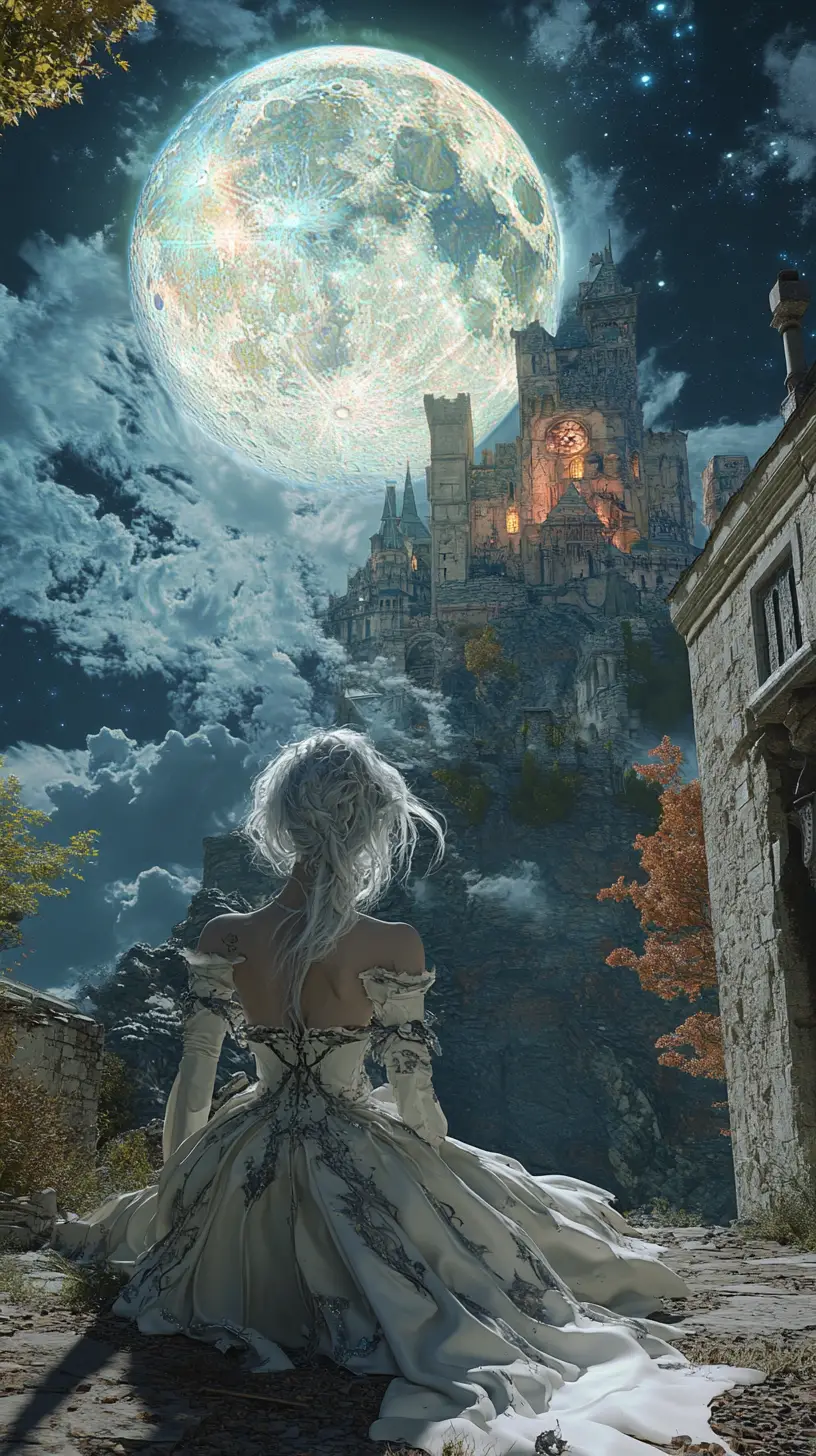 Medieval sorceress in a moonlit castle courtyard