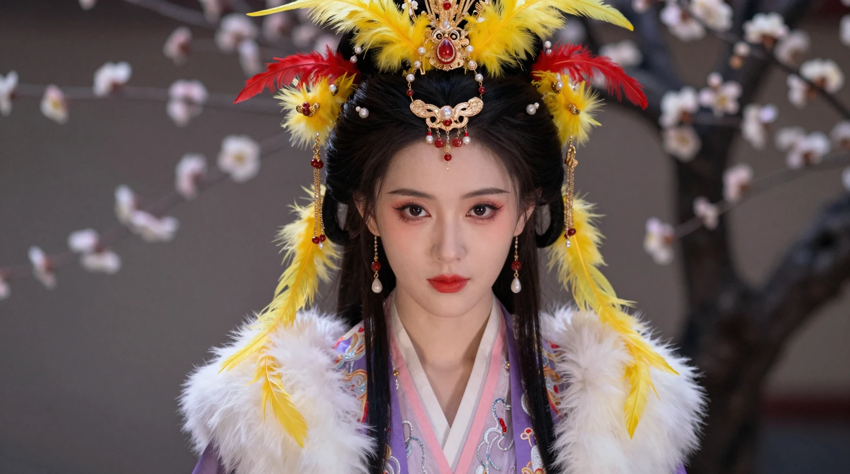 Mujer china antigua con elaborado tocado de plumas