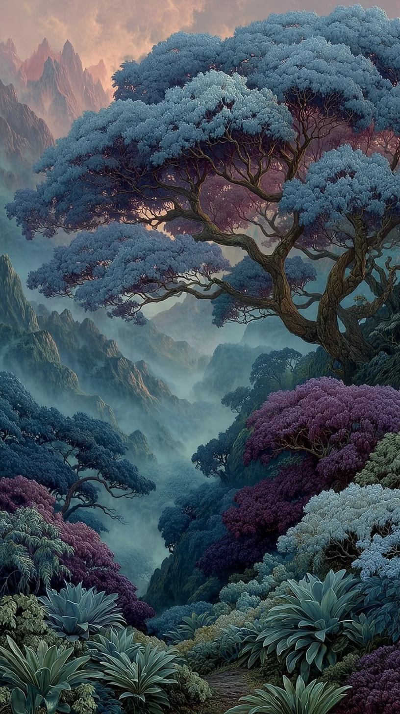 Paisaje de Fantasía Surreal Lleno de Árboles Dragón