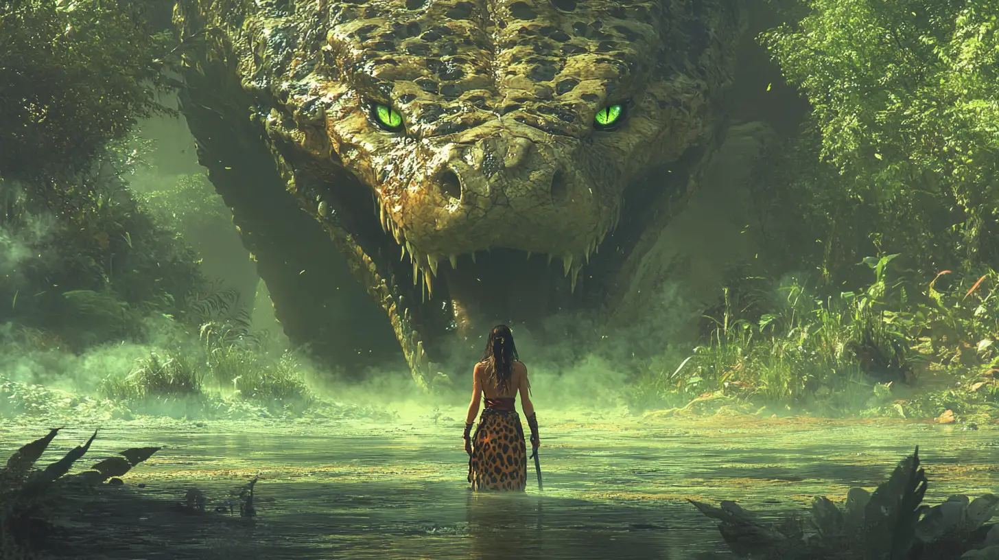 Barbarian woman facing a colossal serpent in a swamp