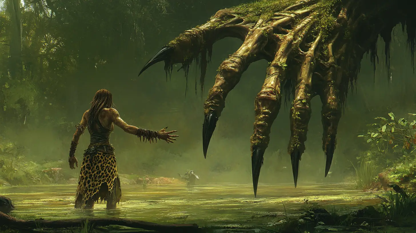 Barbarian woman faces monstrous claw rising from swamp