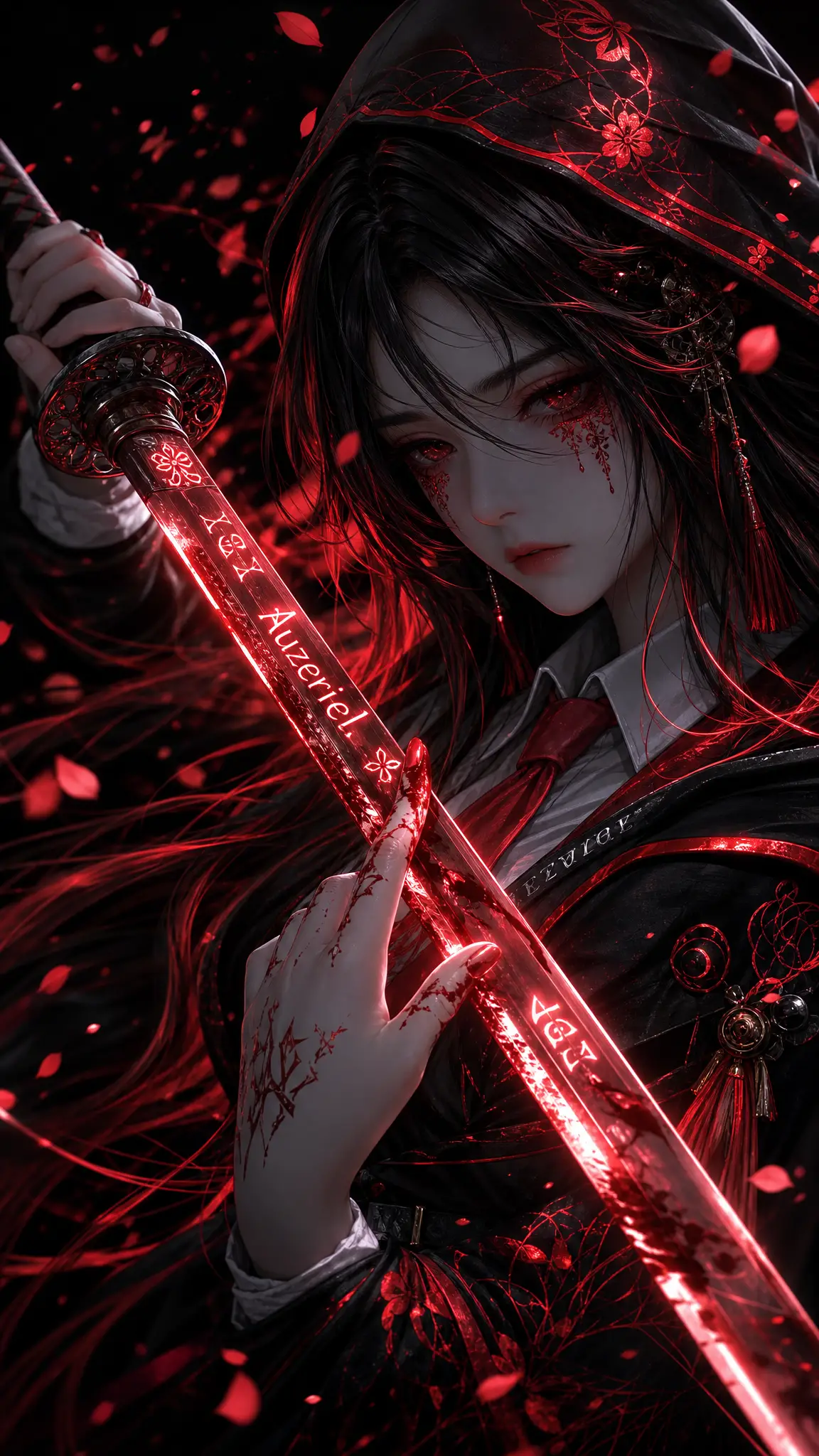 Ragazza anime con katana luminosa in posa malinconica