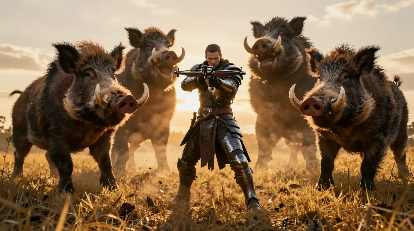 Futuristic warrior aiming crossbow at charging giant boars