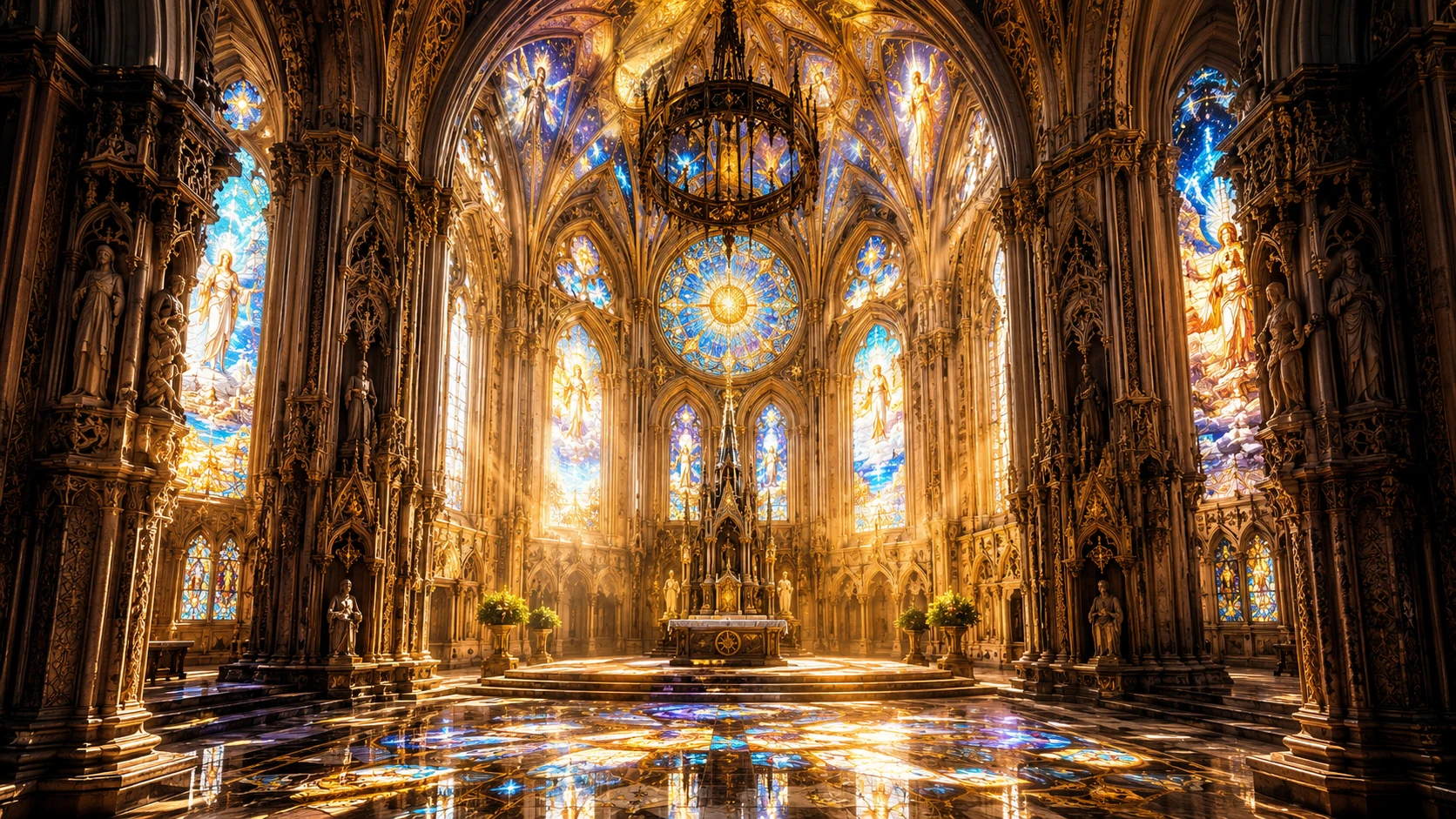 Interior de catedral gótica iluminada por el sol con vitrales