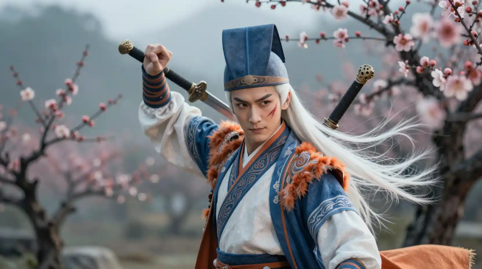 Chinese swordsman with taoist hat amid plum blossoms