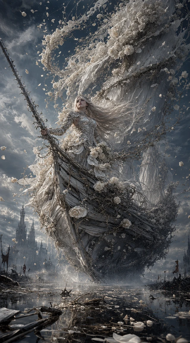 Warrior queen on a ghostly rose petal ship in battle