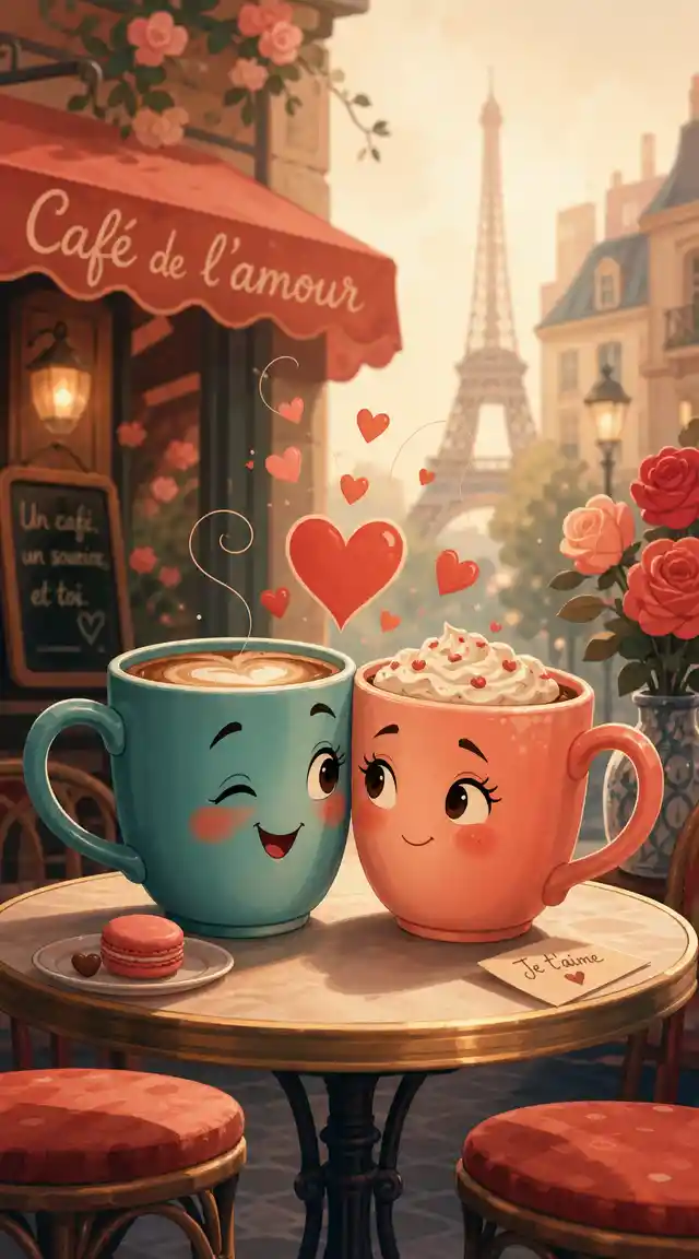 Romantic cartoon coffee mugs in a dreamy parisian cafe