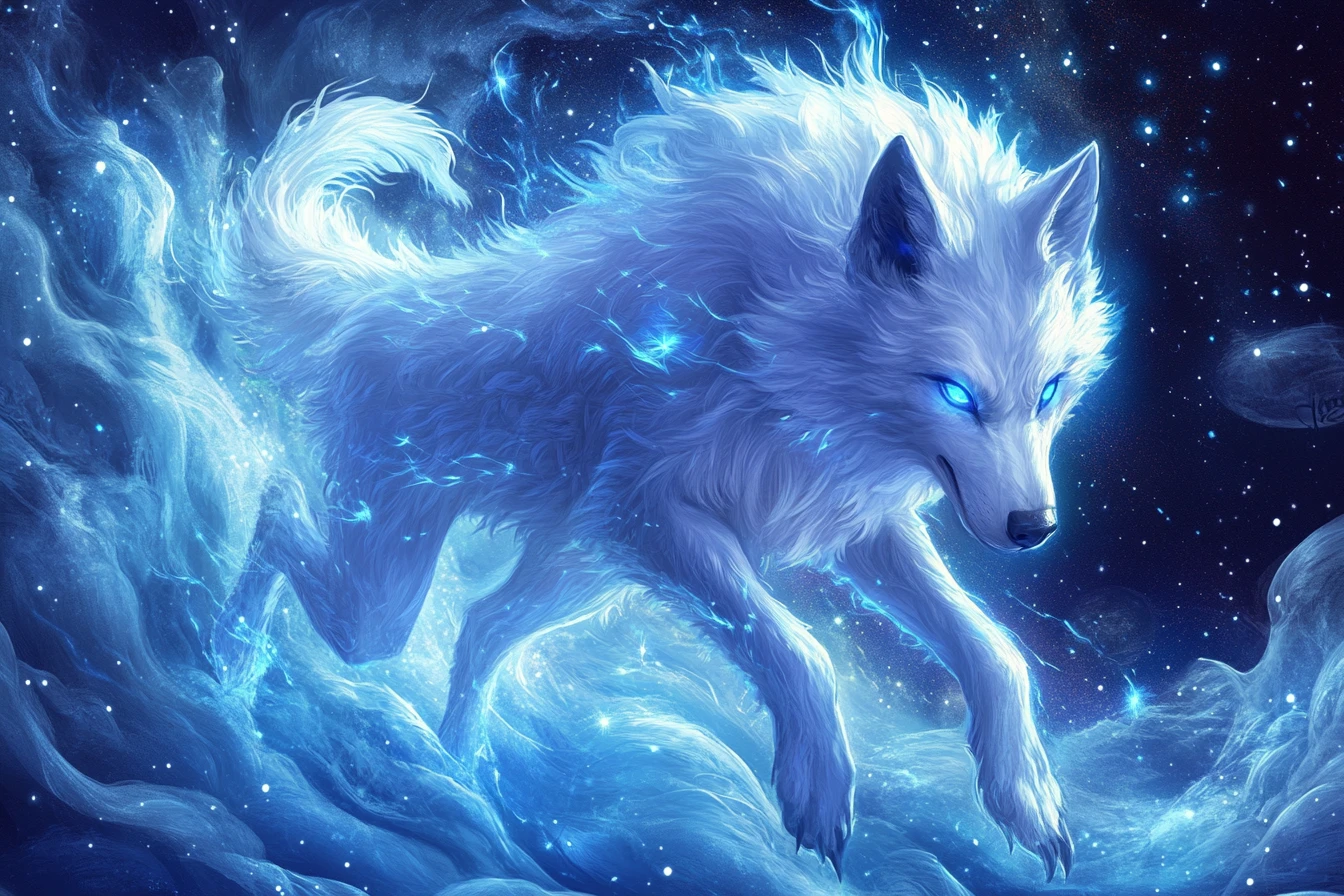 Lobo sonriente plateado y azul lanzándose bajo un cielo estrellado