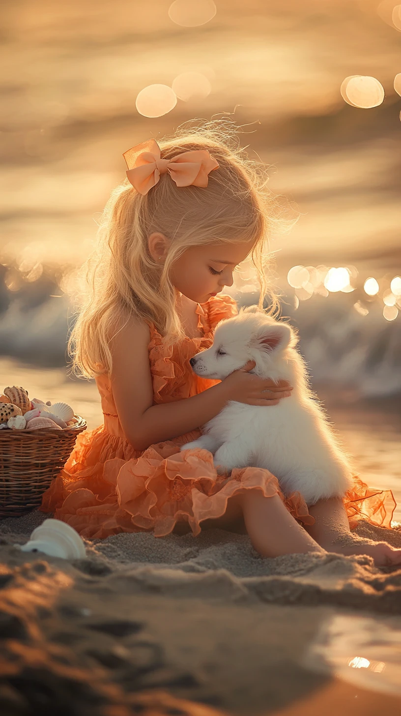 Girl cuddling a puppy on the beach at sunset
