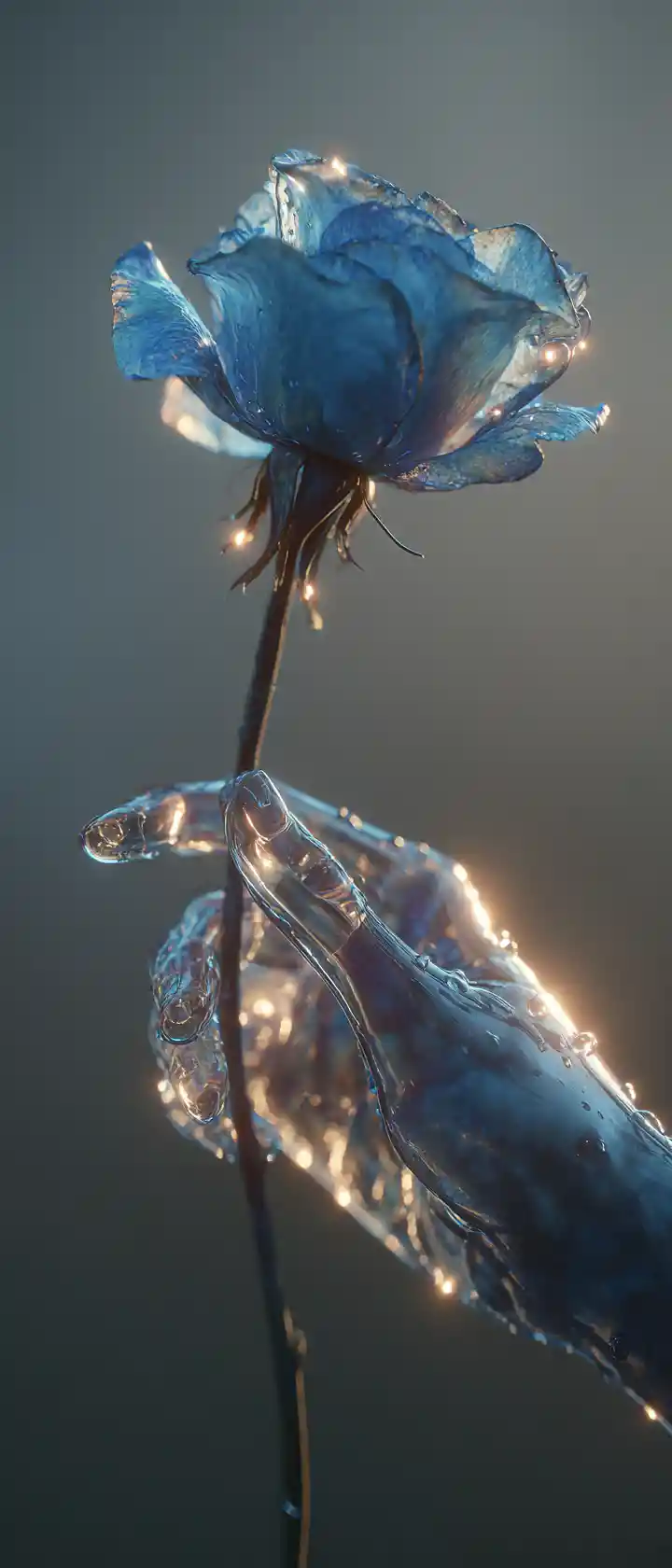 Ghostly hand holding a wilted blue rose at dawn