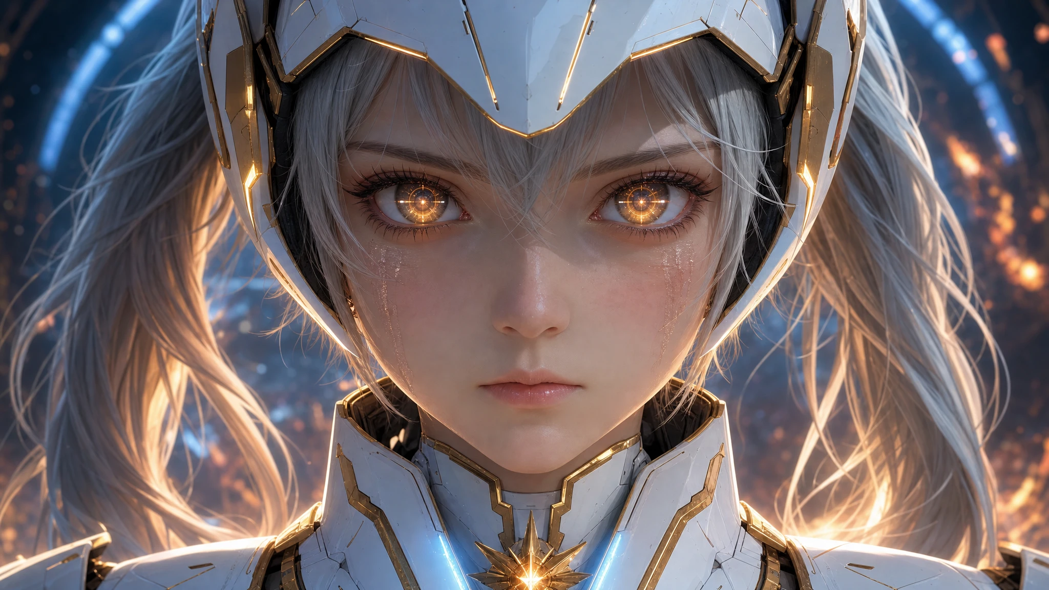Determined anime pilot girl facing cosmic destruction