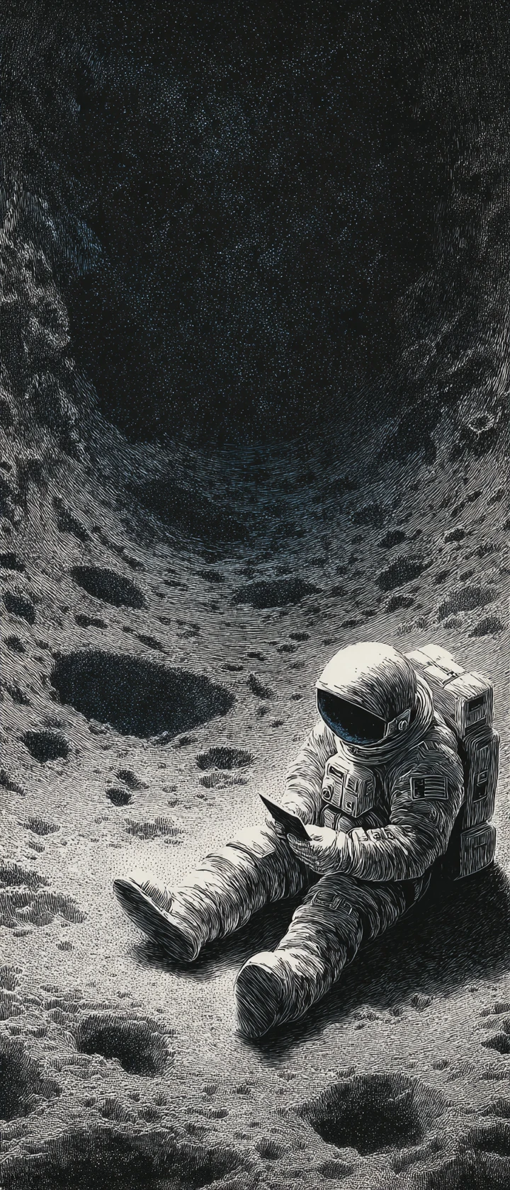 Lonely astronaut at lunar crater holding a faded photograph