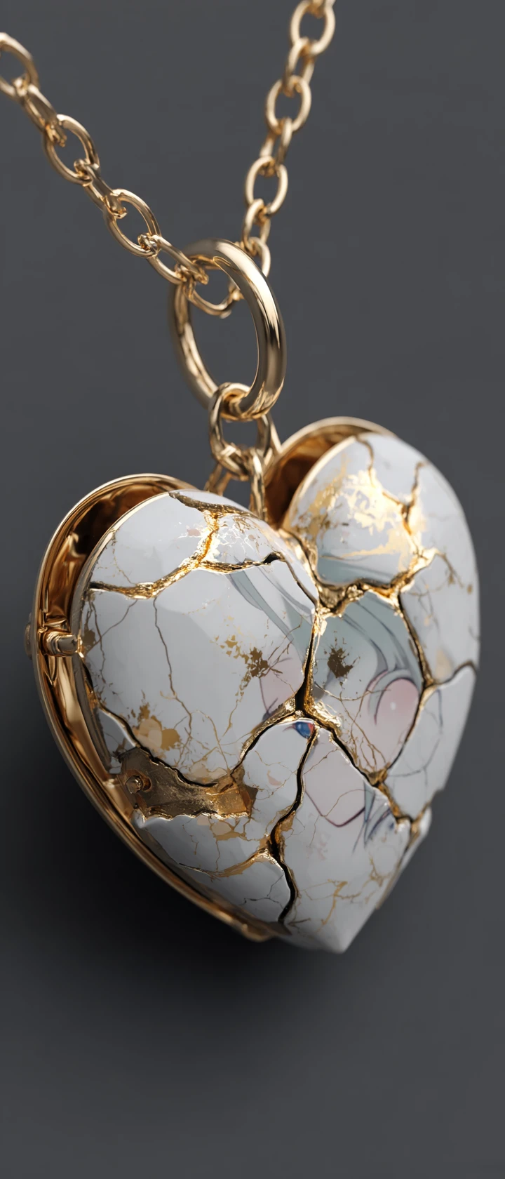 Cracked Porcelain Heart Locket With Anime Portrait Inside
