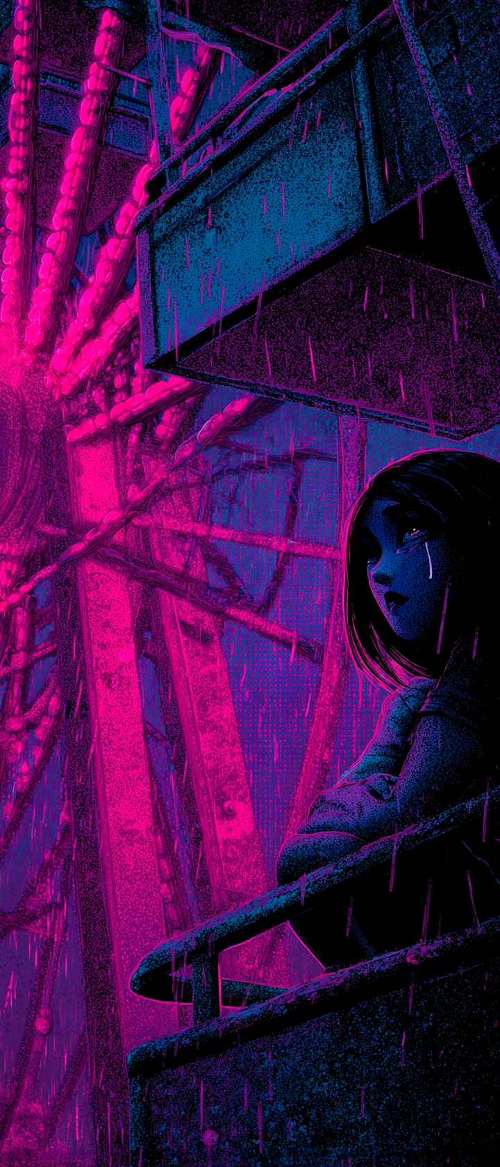 Sad anime girl in ferris wheel at closed neon amusement park