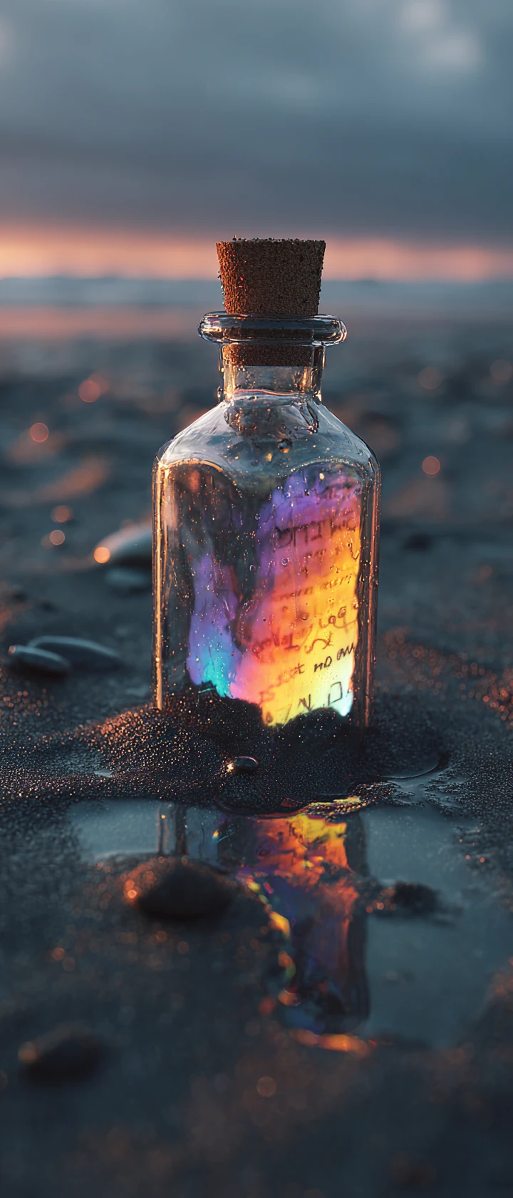 Glass bottle with glowing message in wet beach sand
