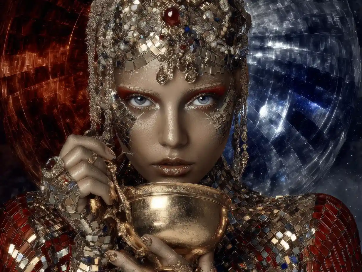 Elegant woman holding a vintage golden chalice in profile