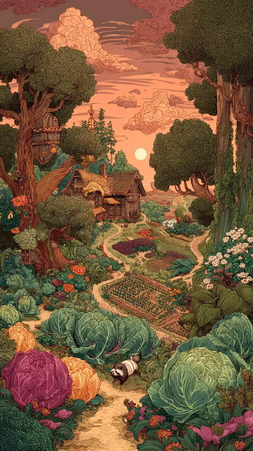 Fantasy village among giant lilies and vegetables at dusk