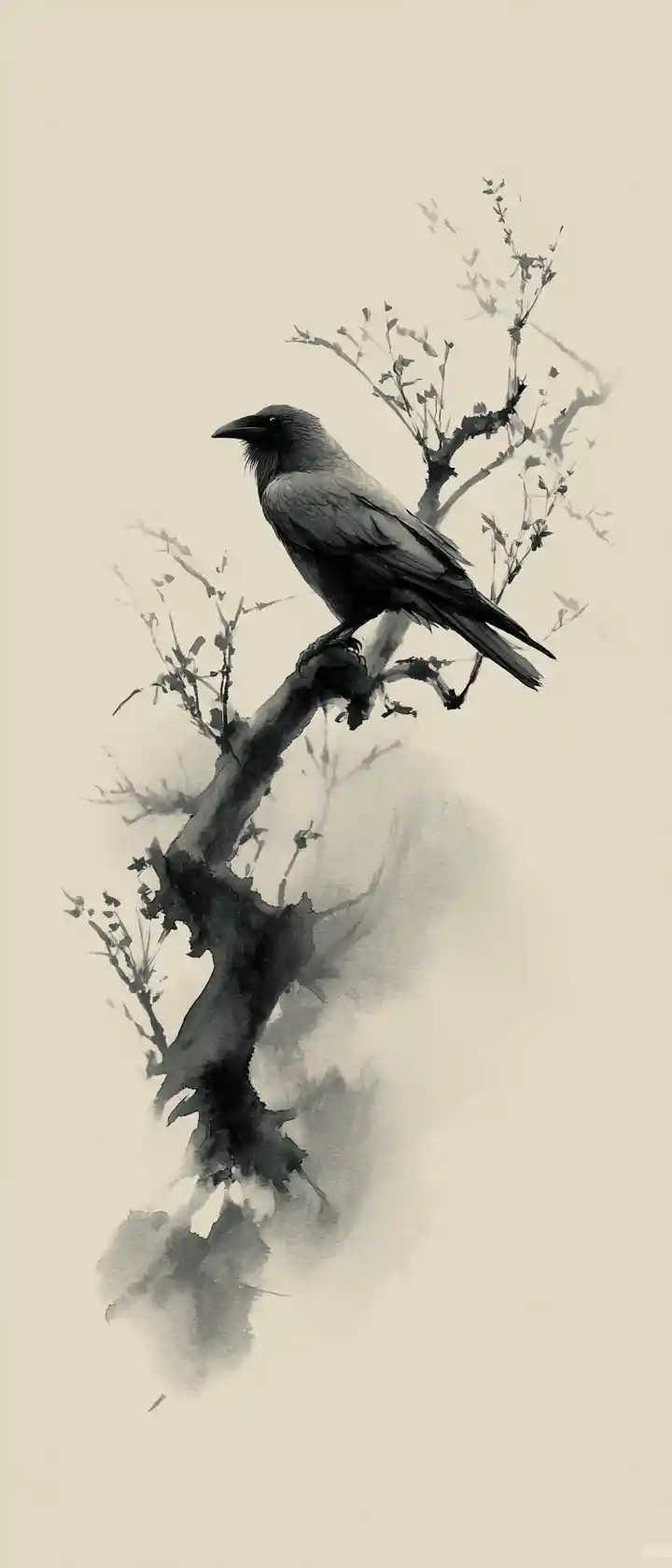 Lone crow on a withered branch in minimalist ink painting