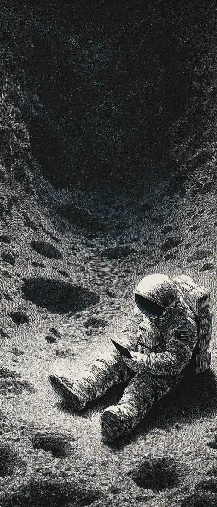 Lonely astronaut at lunar crater holding a faded photograph