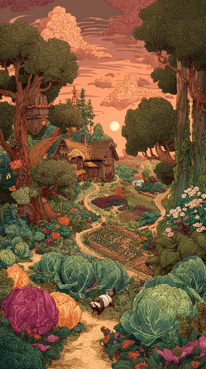 Fantasy village among giant lilies and vegetables at dusk